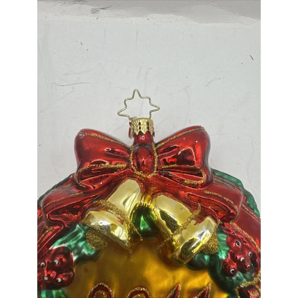 Christopher Radko Bells Bow Evergreen Wreath Textured Glass Christmas Ornament